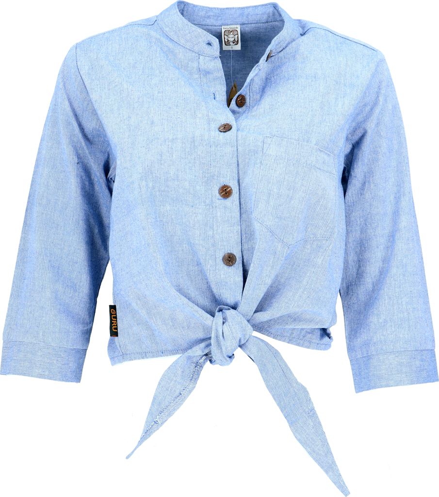 Boho Blusentop zum Binden, Bluse, Leinenlook - Blau, Damen, Baumwolle, Größe: M