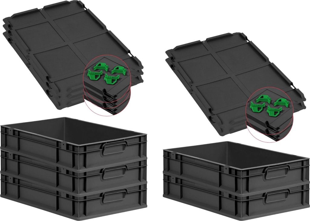SparSet 5x Eurobox NextGen Grip mit Auflagedeckel inkl. 4 grünen Schiebeschnappverschlüssen | HxBxT 12x40x60cm | 23 Liter | Schwarz | Griffe gesc...