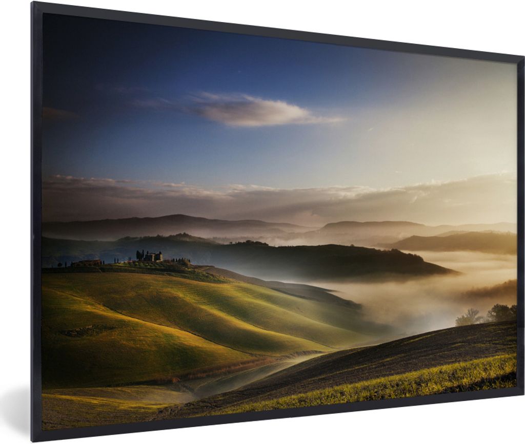 MuchoWow Gerahmtes Poster Toskana - Nebel - Landschaft 90x60 cm - Poster mit Schwarzem Bilderrahmen Wandposter Rahmen Foto Bilder - Fotorahmen - ...