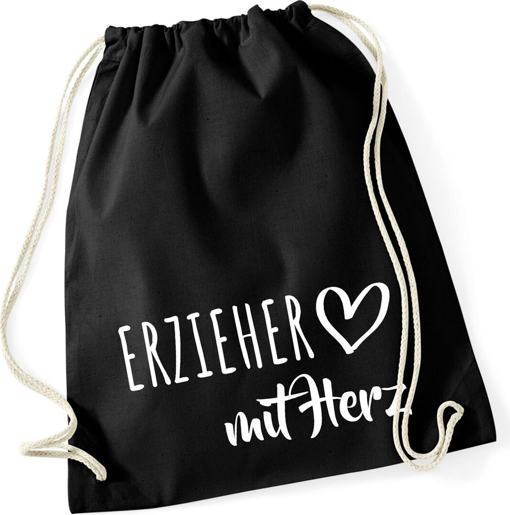 Huuraa Turnbeutel Erzieher mit Herz 12 Liter Black Baumwolle Rucksack Geschenkidee