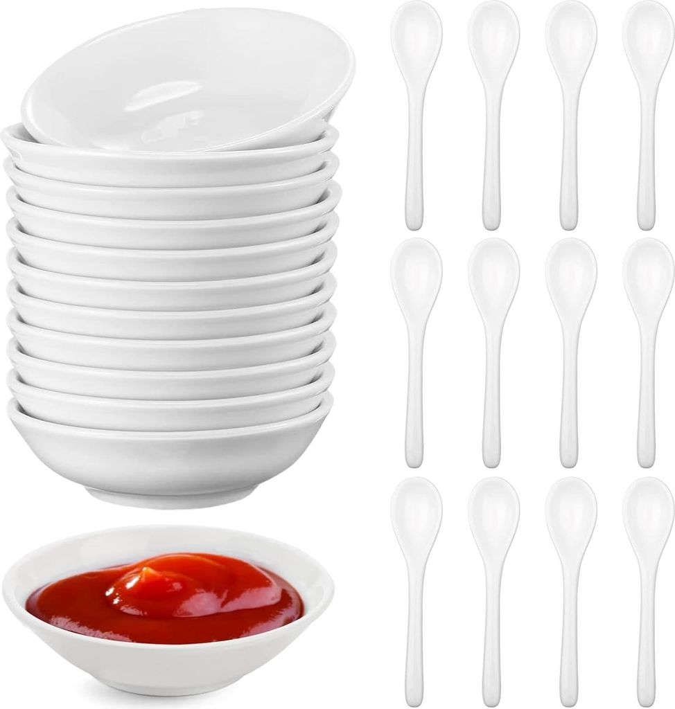 Set von 12 weißen Saucenschalen rund, Durchmesser 8 cm - Schüssel mit Löffel - Sojasaucenschalen - Sushischalen - Mini-Gewürzschalen - Kleine T...
