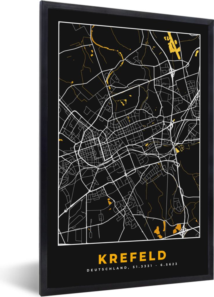 MuchoWow Gerahmtes Poster Krefeld - Gold - Stadtplan - Karte - Deutschland 20x30 cm - Poster mit Schwarzem Bilderrahmen Wandposter Rahmen Foto Bi...