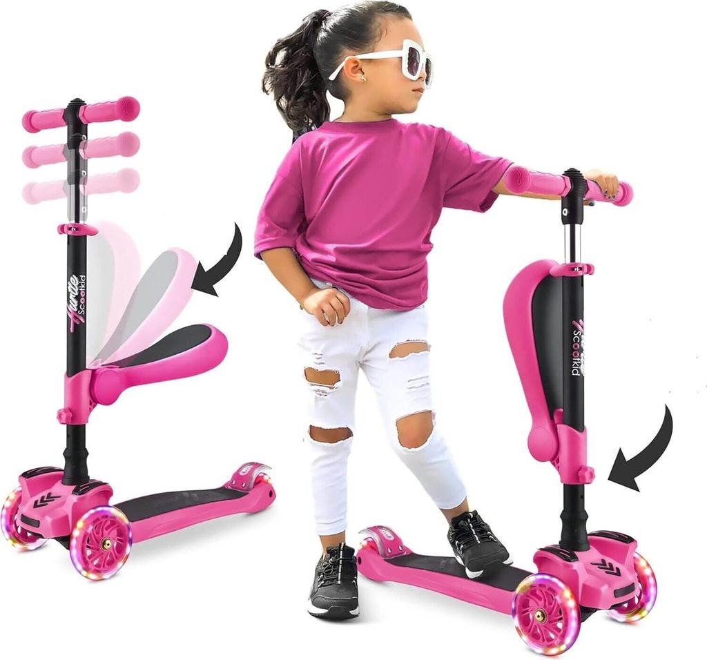 Hurtle Kinderscooter mit Klapp-& Abnehmbarem Sitz–Roller für Kinder mit Großen Rädern & LED-Lichtern– Stabiler 3-Rad Roller Indoor & Outdoor...