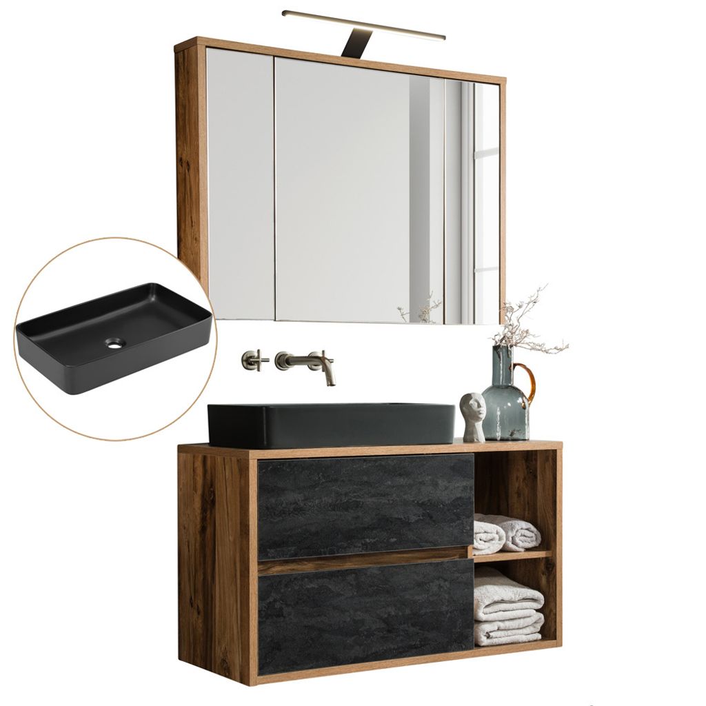 Badmöbel Waschtisch Set mit LED-Spiegelschrank HARLOW Eiche mit Beton Dunkel Nb., B/H/T ca. 100/200/46 cn