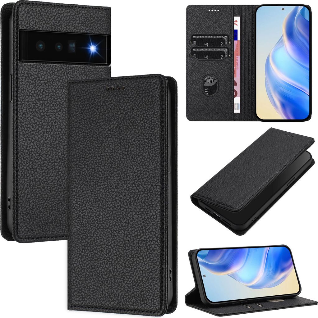 Litchi Leder Handyhülle für Google Pixel 6 Pro Wallet Kartenfächer Standfunktion Hülle Schwarz