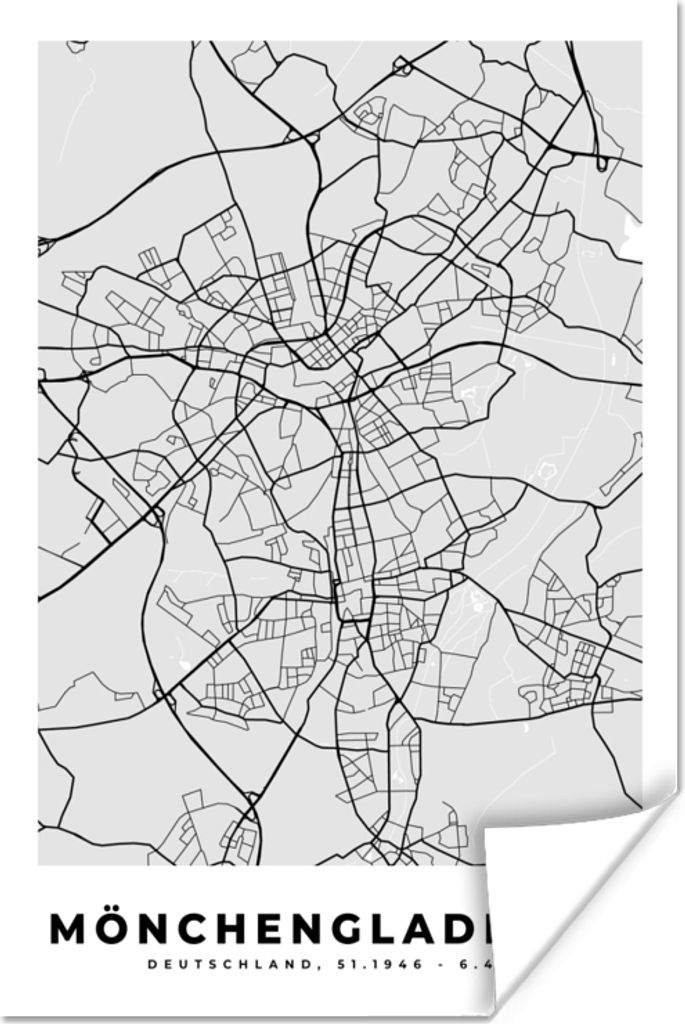 MuchoWow Poster Stadtplan - Deutschland - Karte - Mönchengaldbach 20x30 cm - Papierdruck