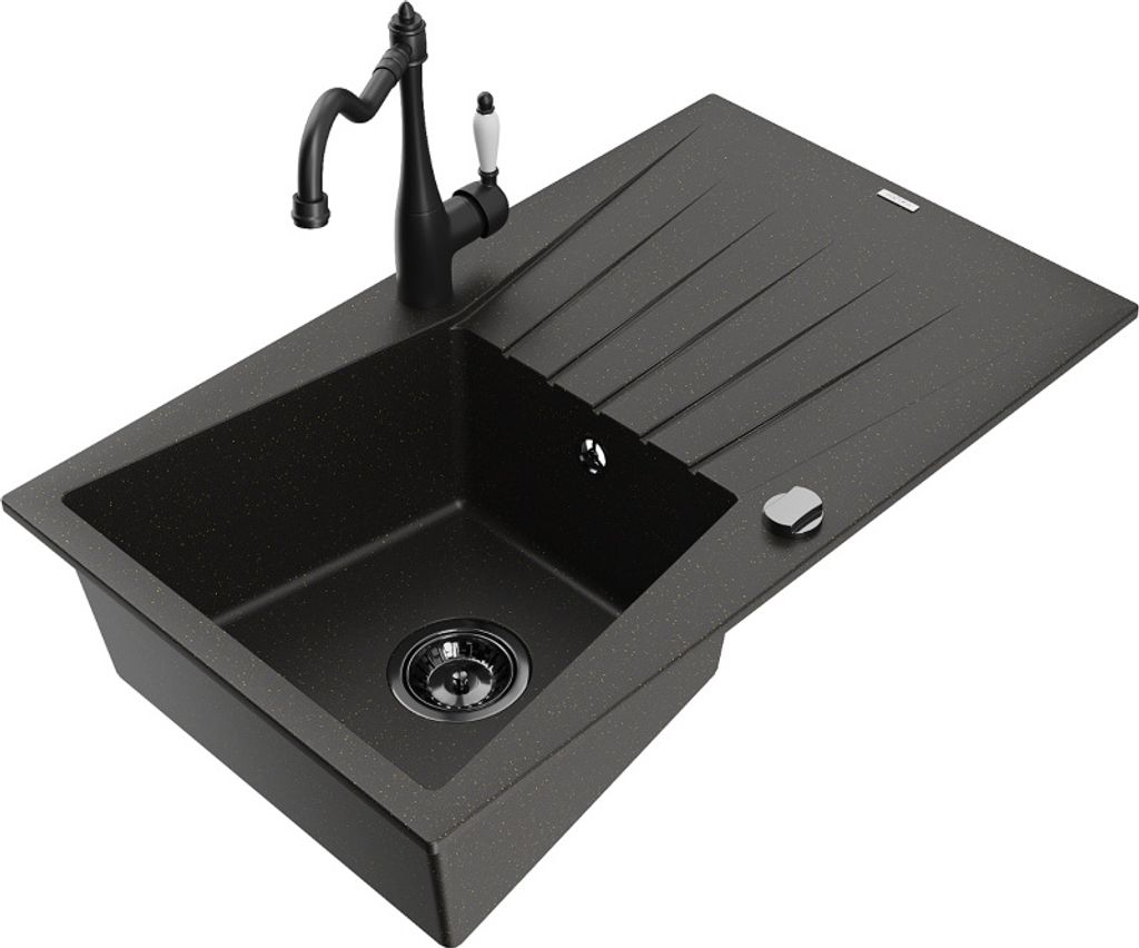 Mexen Cesar 1 Becken-Granitspüle mit Abtropffläche und Mischbatterie Carla, Schwarz/Gold metallisch - 6514-75-670700-70-B