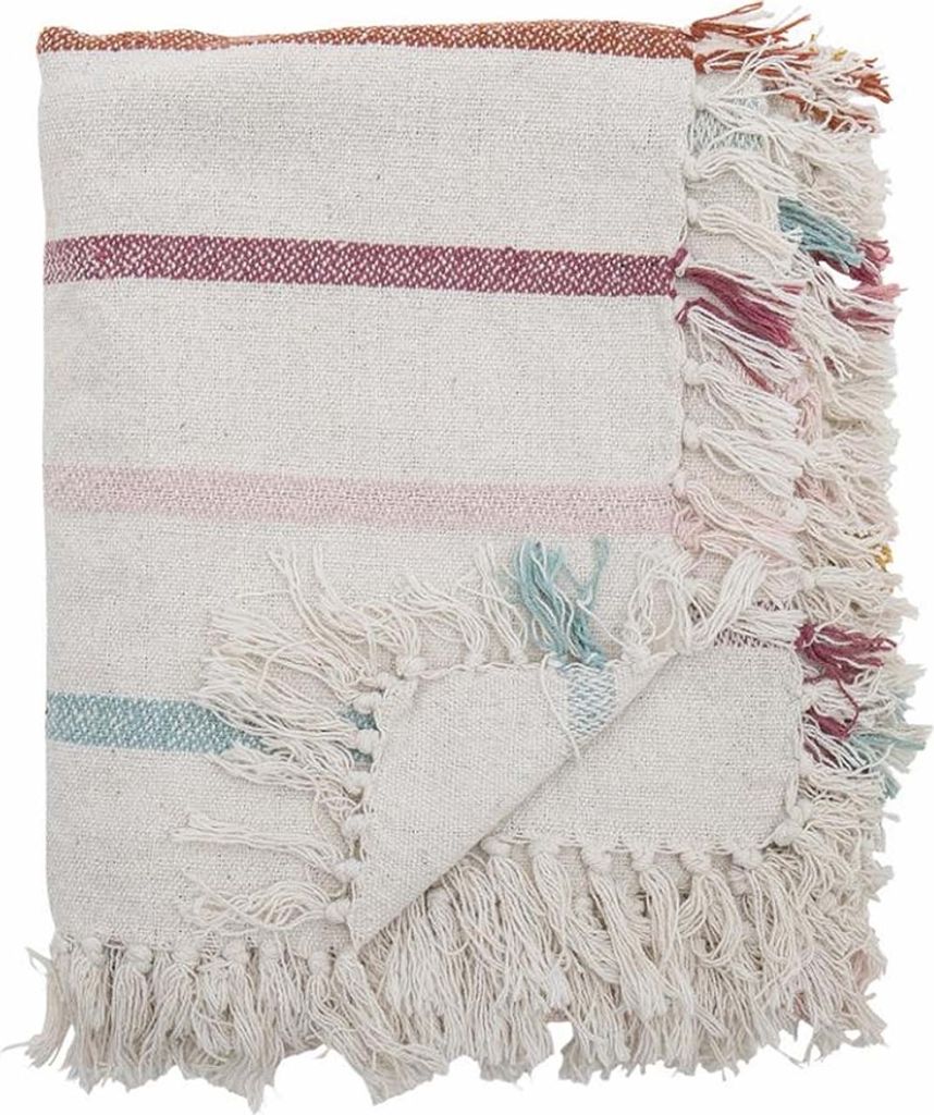 Bloomingville Decke FREY Natur mit bunten Streifen 160x130 cm Wolldecke Plaid