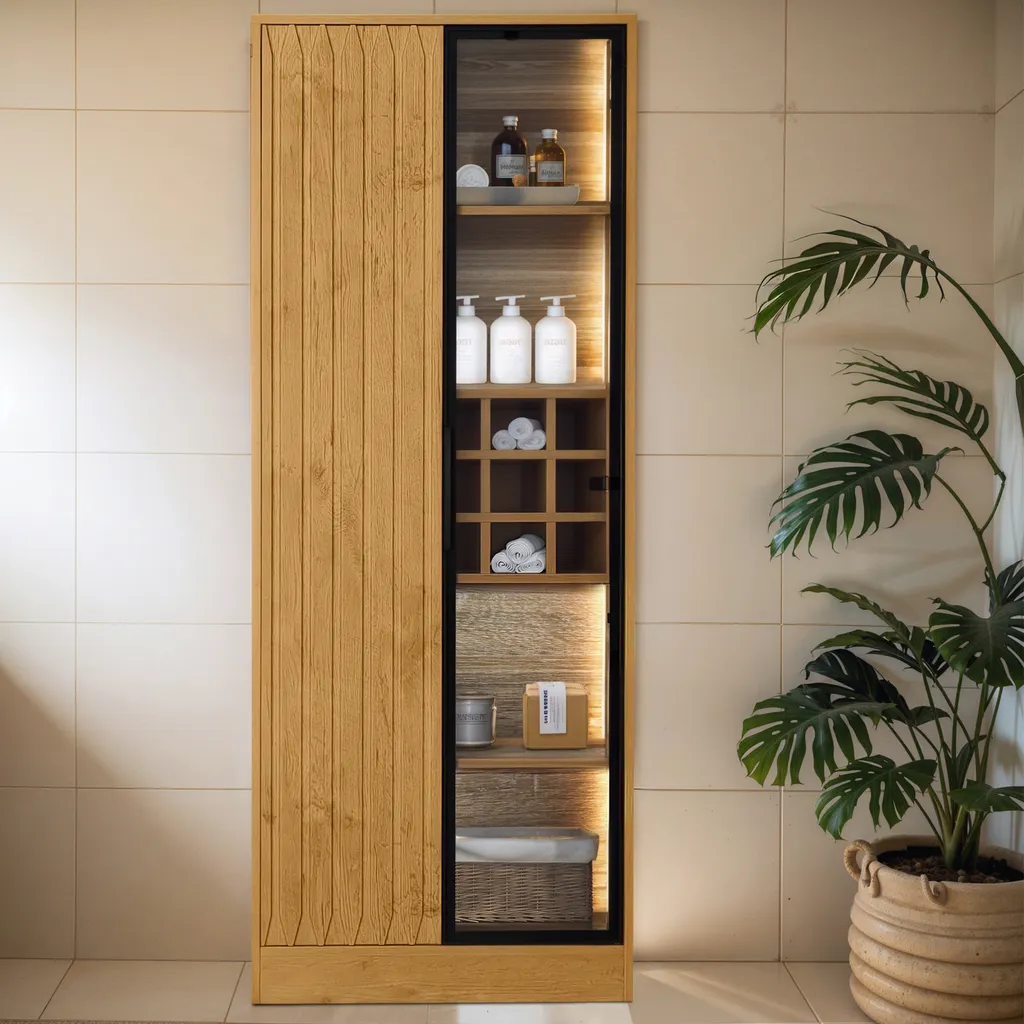 AIORBER Armoire de Salle de Bain 160cm avec Portes Verre et LED - Naturel