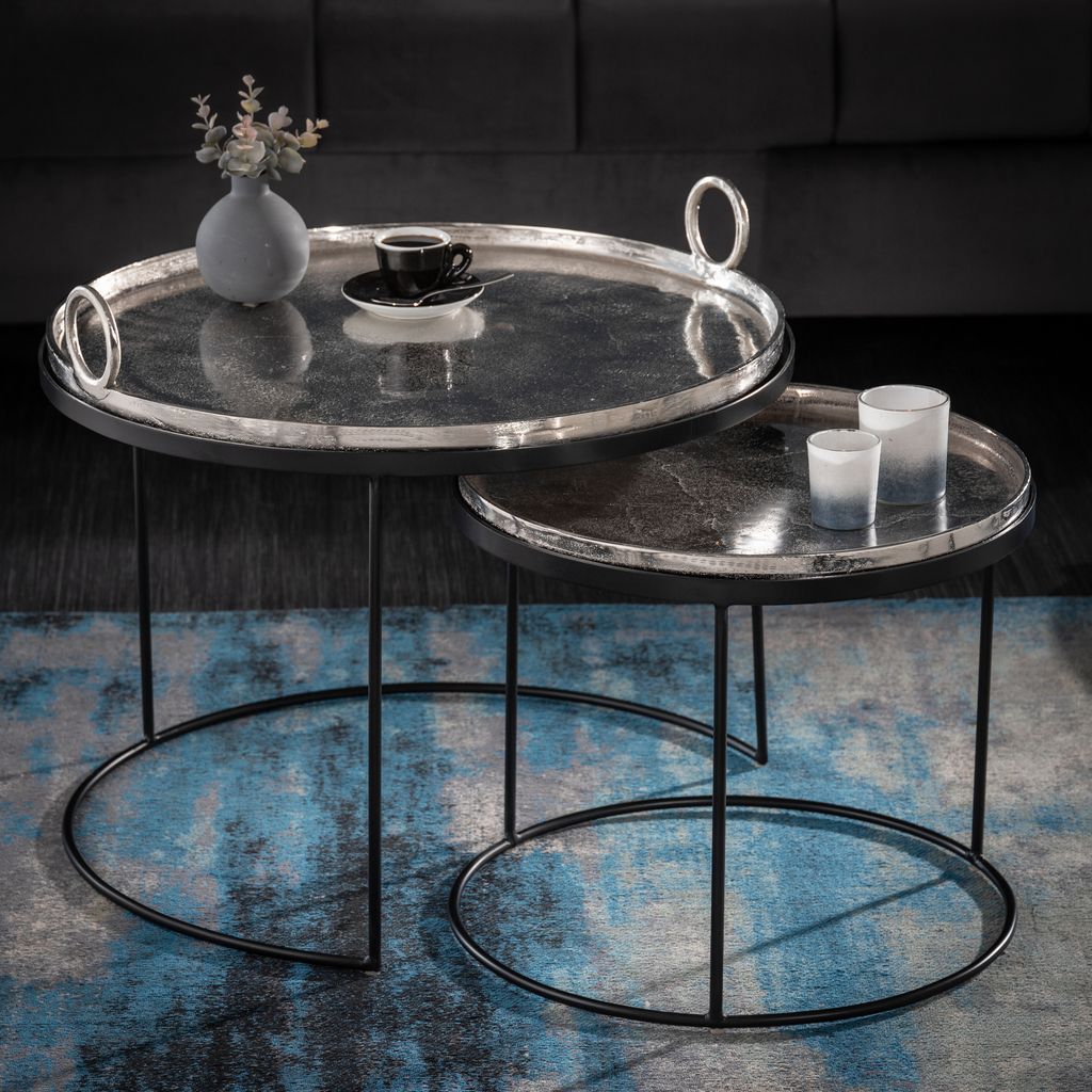 riess-ambiente 2er Set Runde Couchtische ELEMENTS 65cm silber schwarz Metall Tablett Beistelltisch Tisch