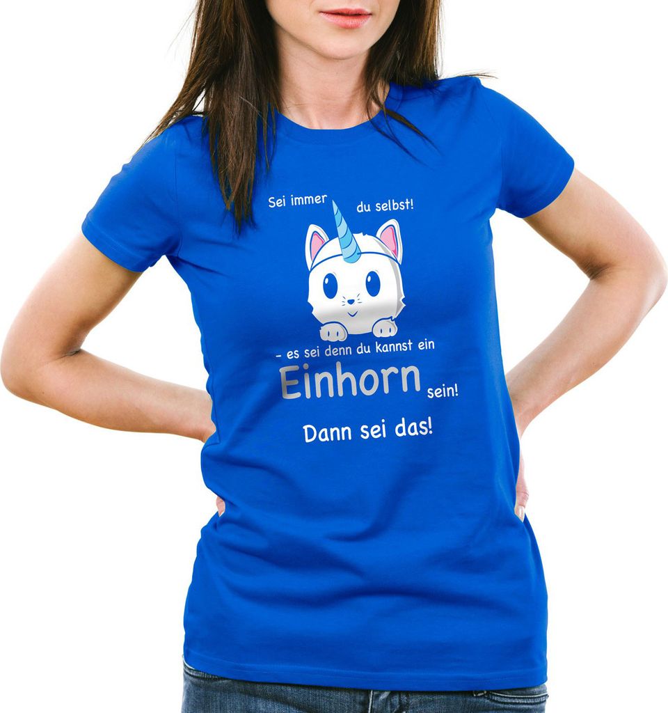style3 Sei immer du selbst! Einhorn Damen T-Shirt Unicorn, Farbe:Blau, Größe:L