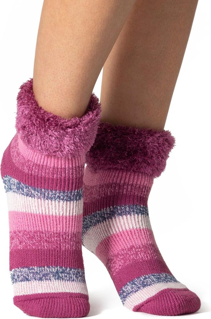 Damen Original Heathfield Loungesocken mit Umschlagrand - Rosa Streifen