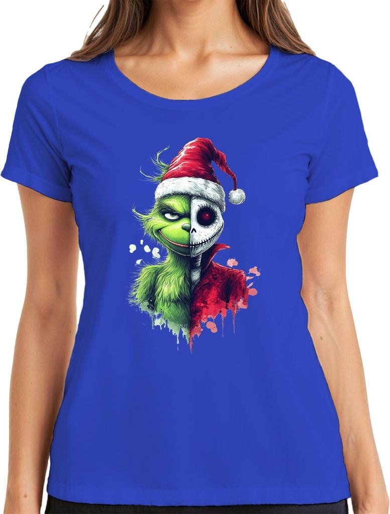 Grinch Jack Skellington Halb Gesicht Weihnachten Horror Geschenk Damen T-Shirt, Blau, L