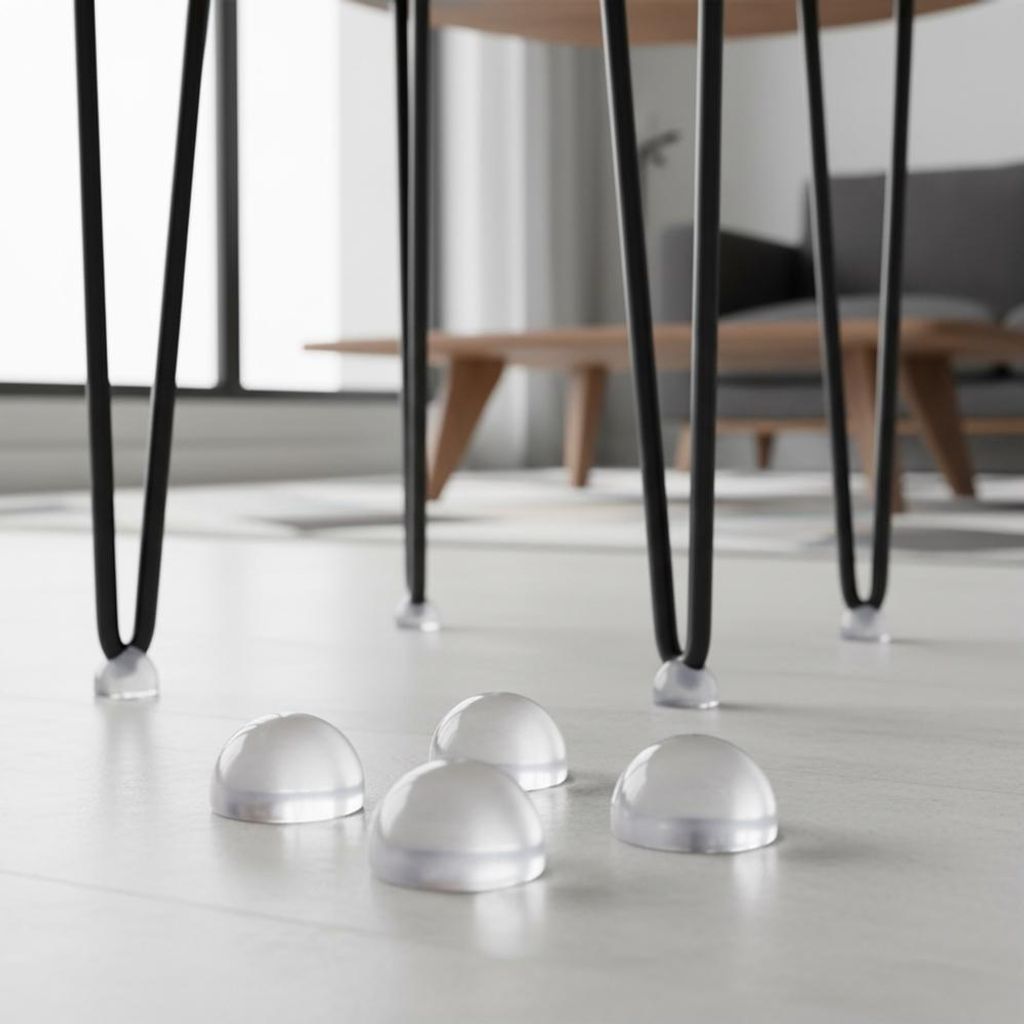 Close-up of clear silicone floor protectors under black hairpin table legs on a light-colored floor.