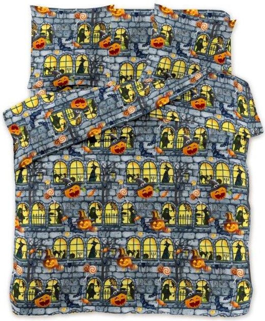 A folded Halloween-themed duvet cover and pillowcase set.
