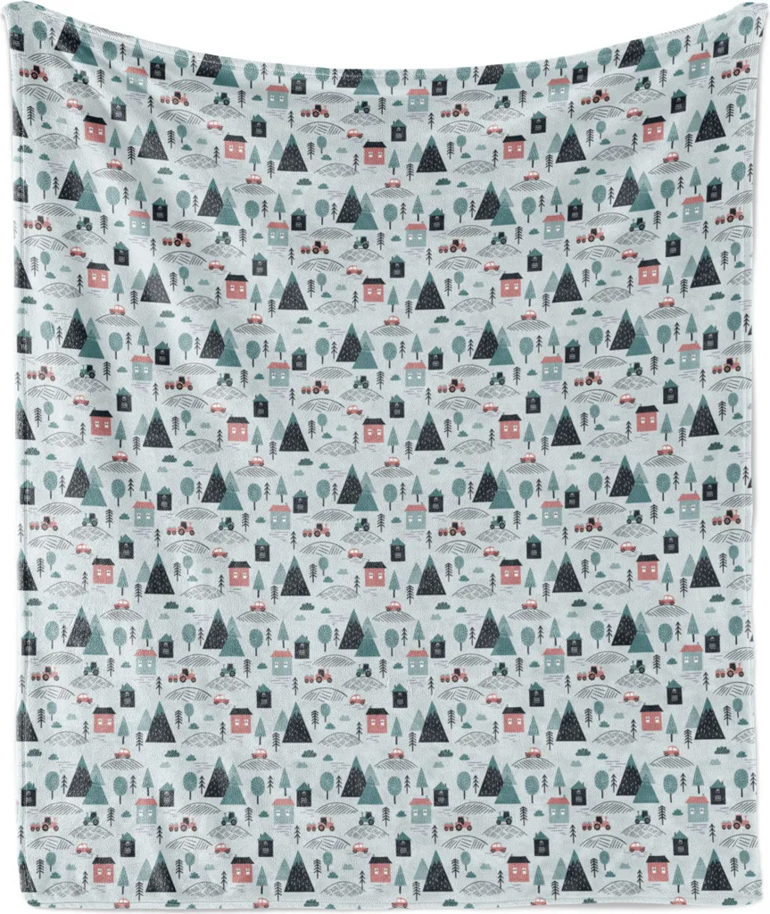 ABAKUHAUS Dorf Weich Coperta in pile di flanella, case e alberi di ispirazione scandinava, 175 x 230 cm, azzurro pallido, ruggine pallida, verde acqua