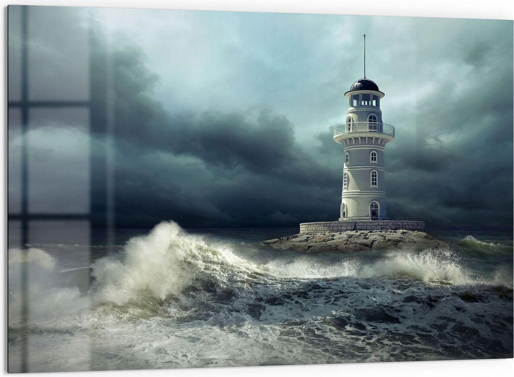 DEQORI Küchenrückwand Glas 60x40 cm 'Leuchtturm im Sturm' Spritzschutz Bad Rückwand