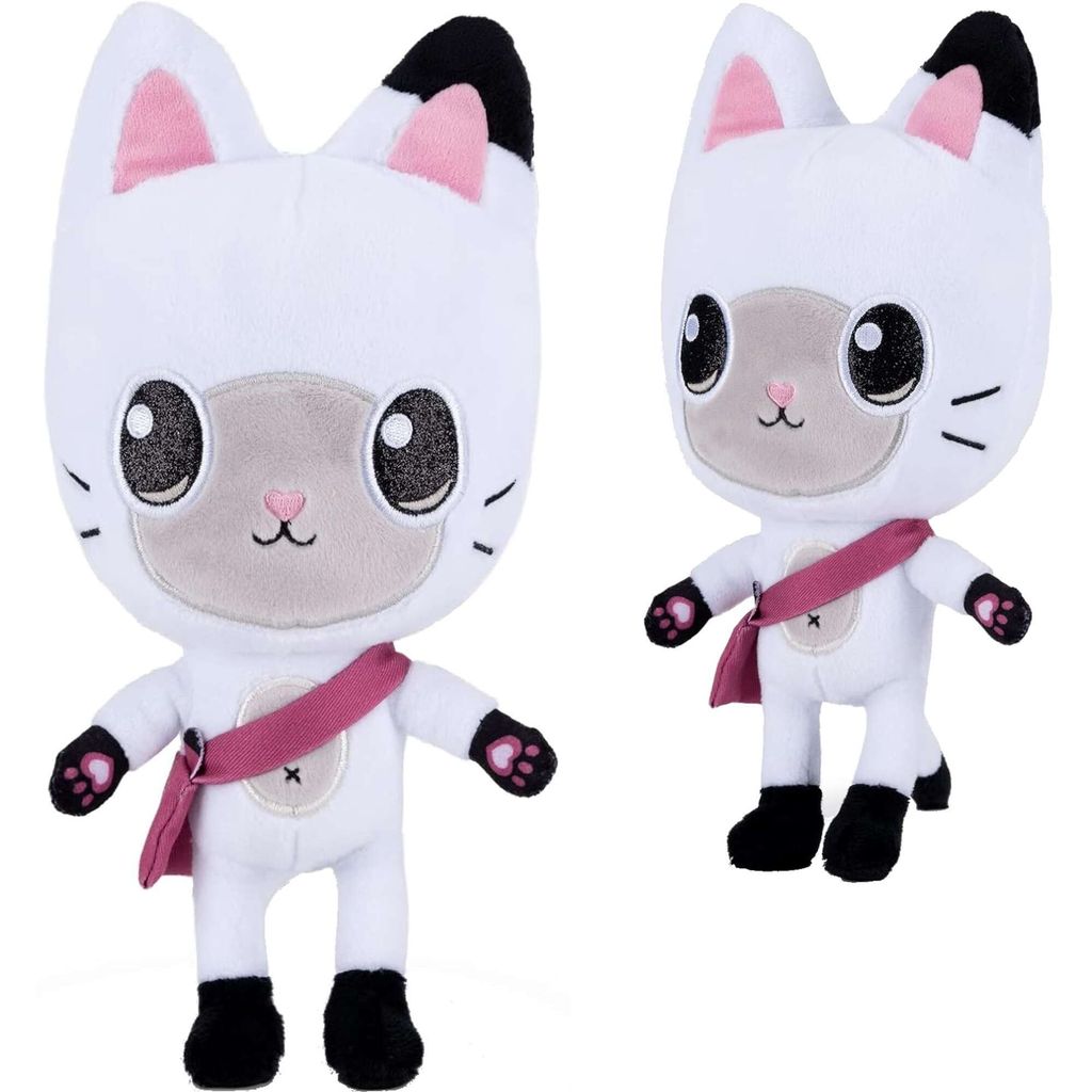 Two plush toys of a white cat character with pink ears and a pink sash, shown from the front against a white background.