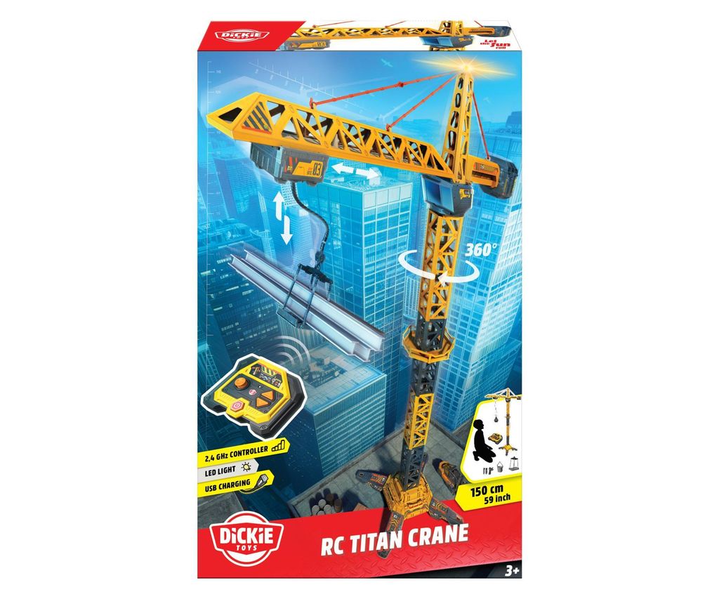Grúa De Control Remoto Titan De Dickie Toys – 150 Cm De Altura, Giro 360°, Sube Y Baja, Luces LED, Mando 2.4 GHz, Recarga USB, Incluye Accesorios, Para Niños A Partir De 3 Años