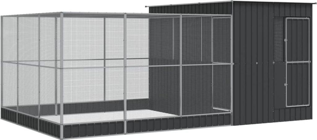 A large, dark gray metal aviary with a mesh enclosure attached to a solid shed-like structure.
