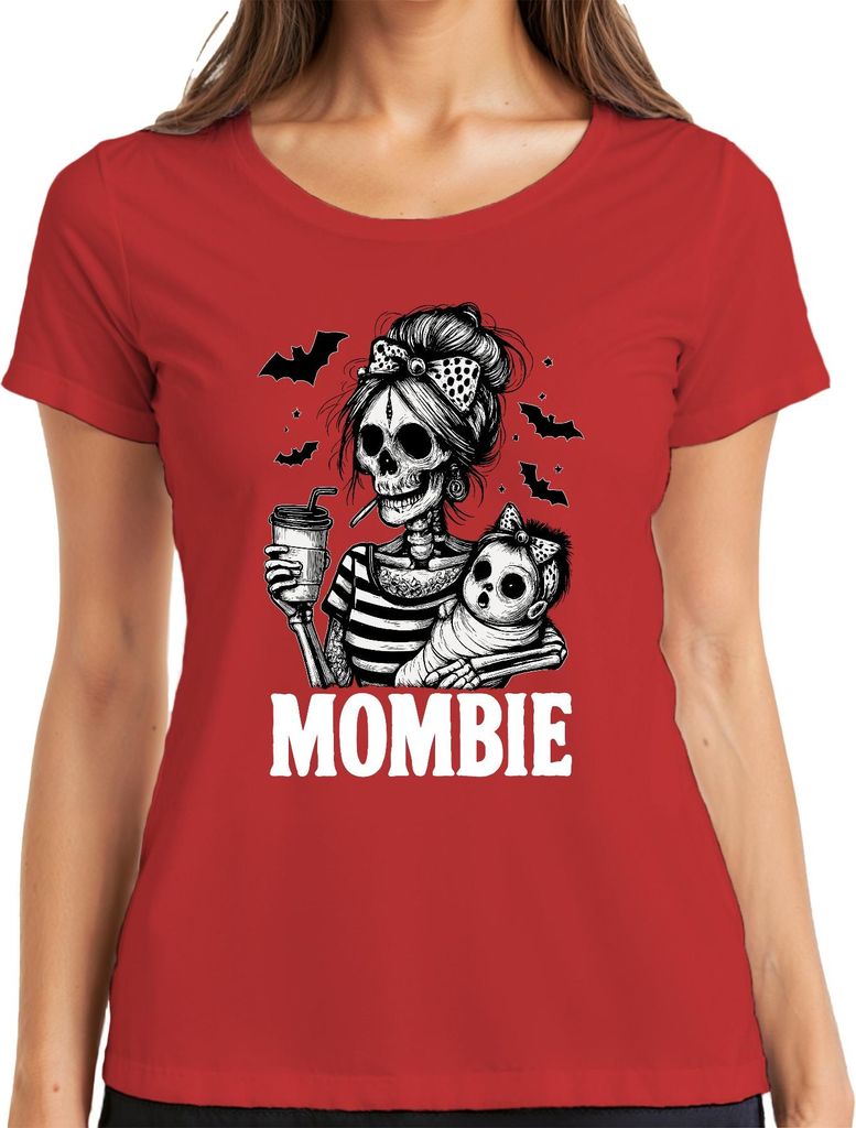 Mombie Zombie Mama Halloween Skelett Baby Kaffee Retro Gothic Damen T-Shirt, Rot, M