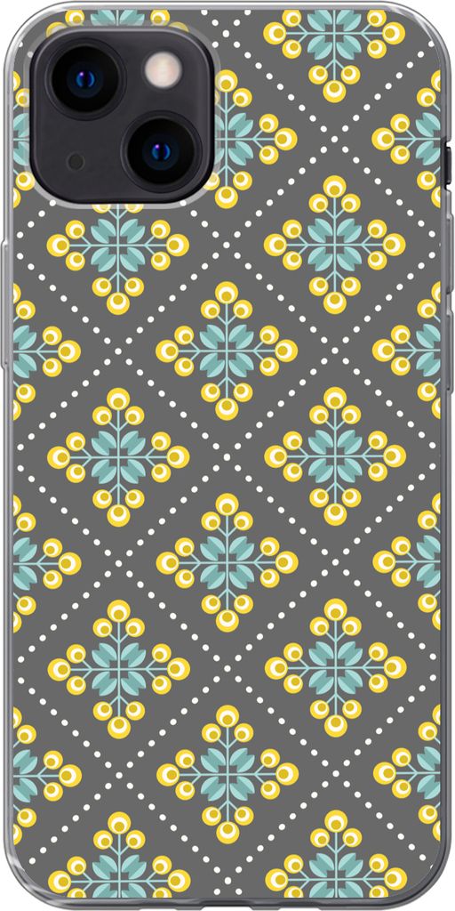 MuchoWow Handyhülle Schutzhülle Hülle für Telefoonhoesje iPhone 13 mini Design - Kariert - Blumen - Grau Silikon Softcase Handy Hülle - Soft...