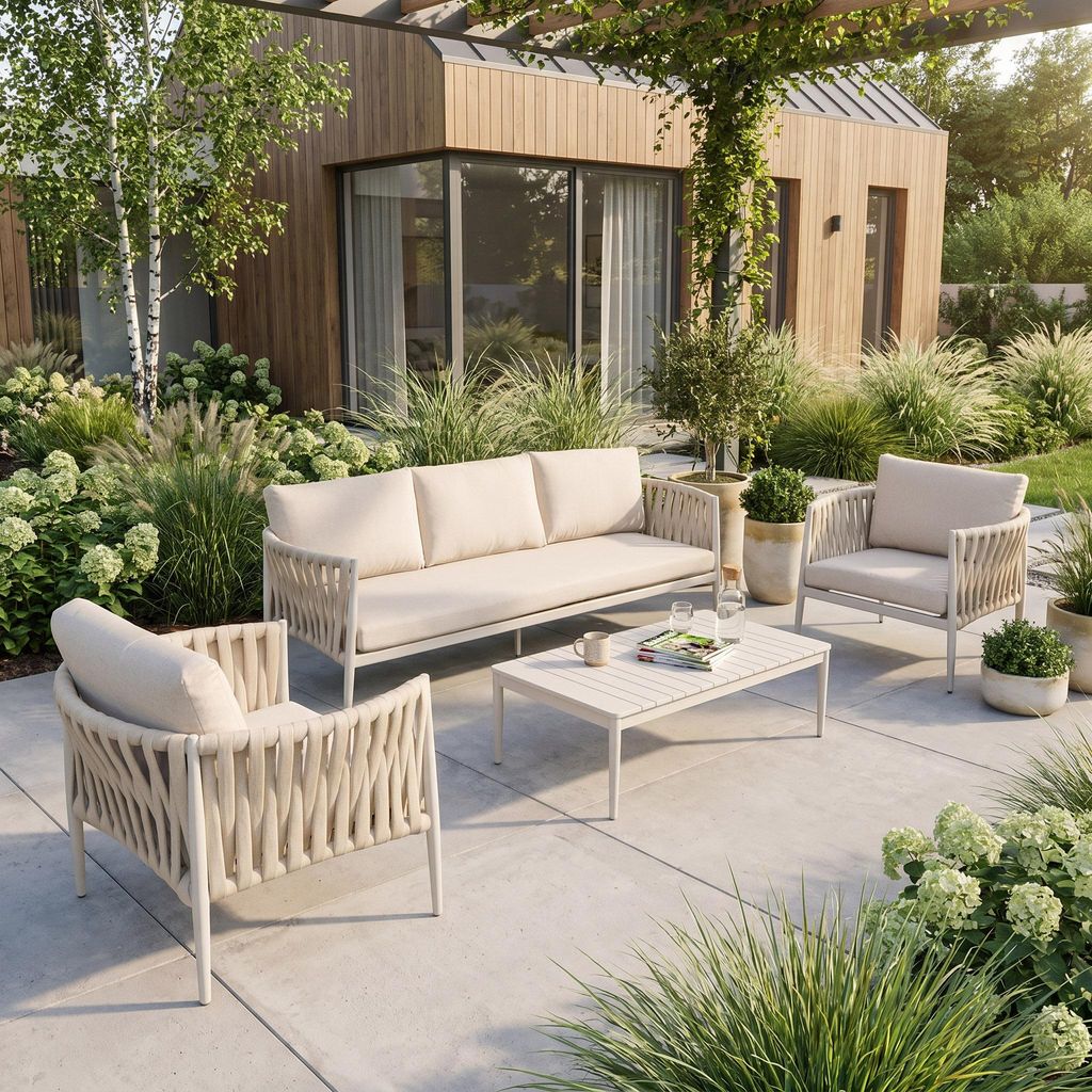 BEAUTYSOFA | RIVIERA Gartenmöbel Set Beige – Lounge Set mit 3-Sitzer Sofa, 2 Sesseln & Couchtisch, Gartenlounge für 5 Personen, Outdoor Sitzgruppe