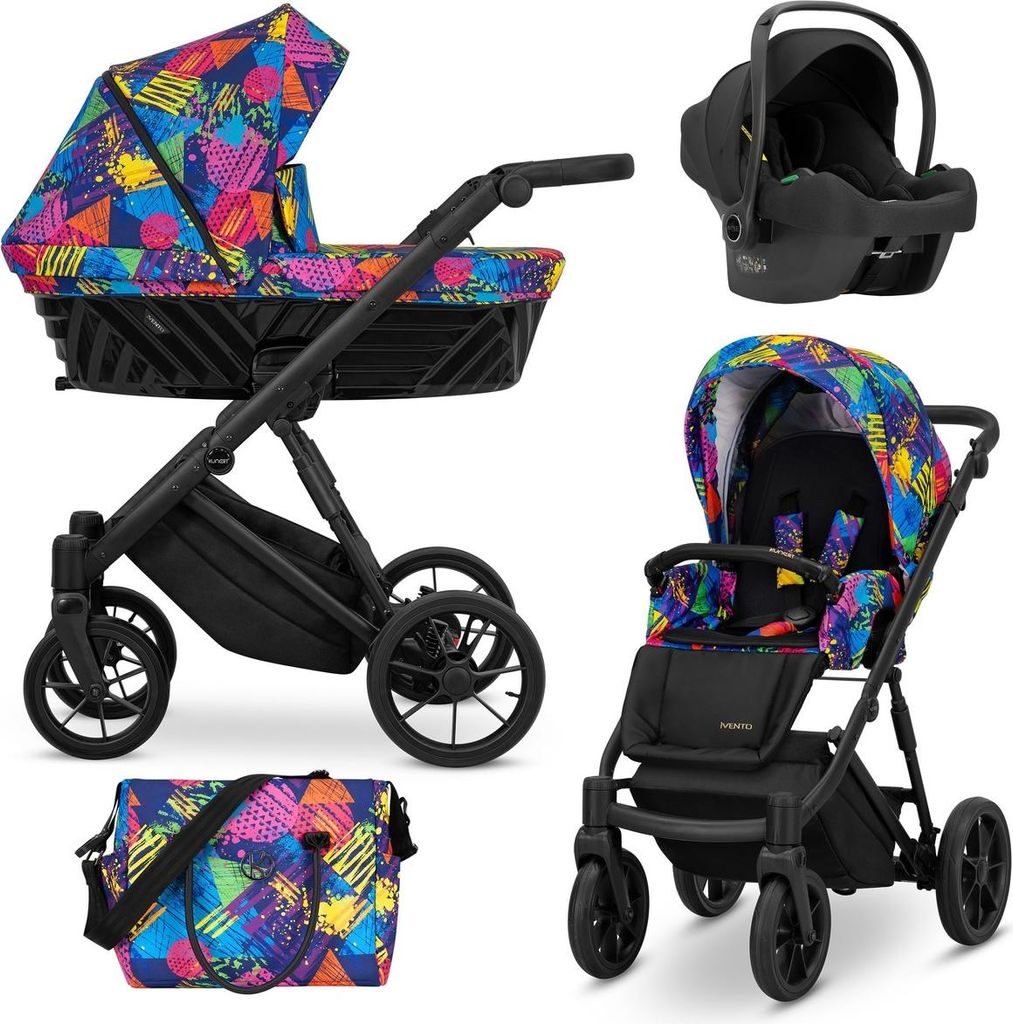 Kunert Ivento 3in1 Kinderwagen mit schwarzem Rahmen und umfangreicher Ausstattung