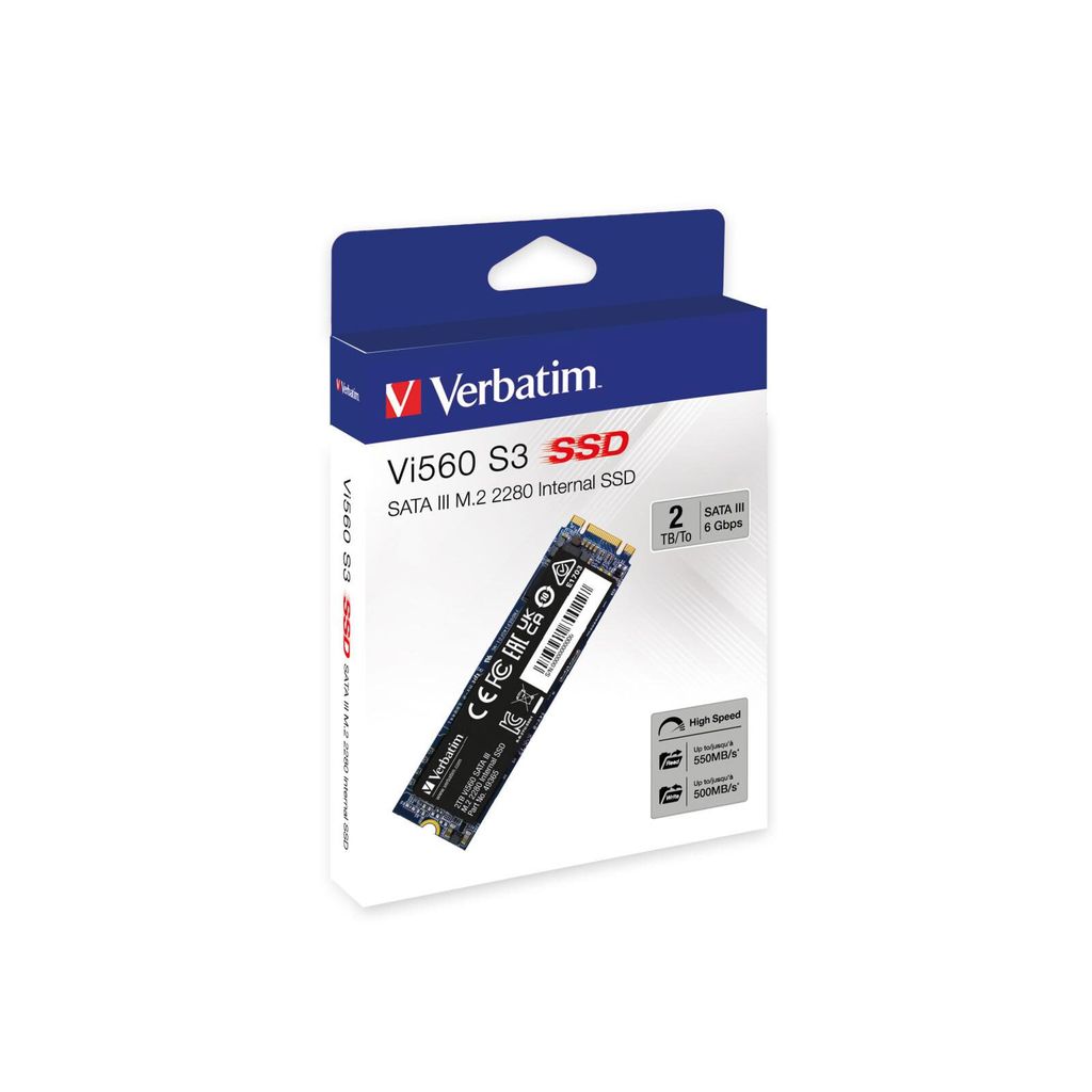 The image shows the retail packaging of a Verbatim Vi560 S3 M.2 SSD.