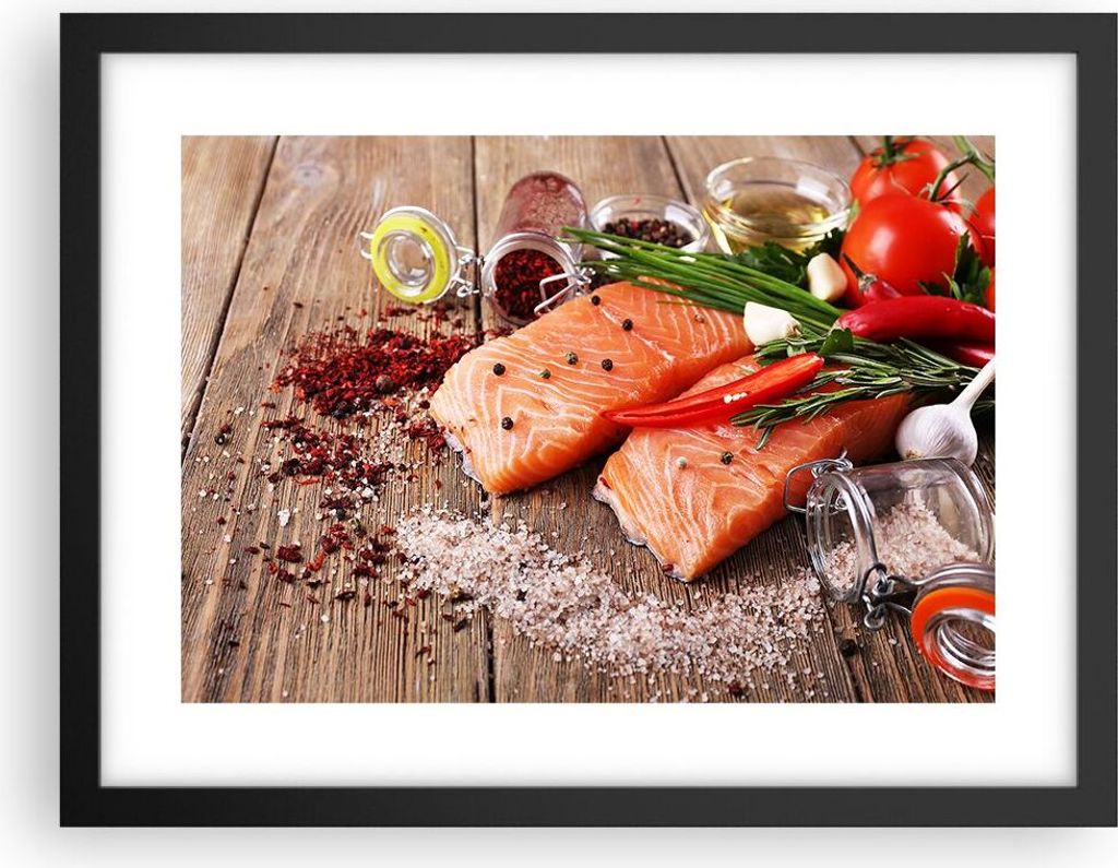 Gerahmtes Poster - Schwarzer Rahmen - Lachs Fisch Essen Küche - 40x30 cm - Wand Bild - Wanddeko - Wandbilder - Wandposter - Bilderrahmen - Bilder ...