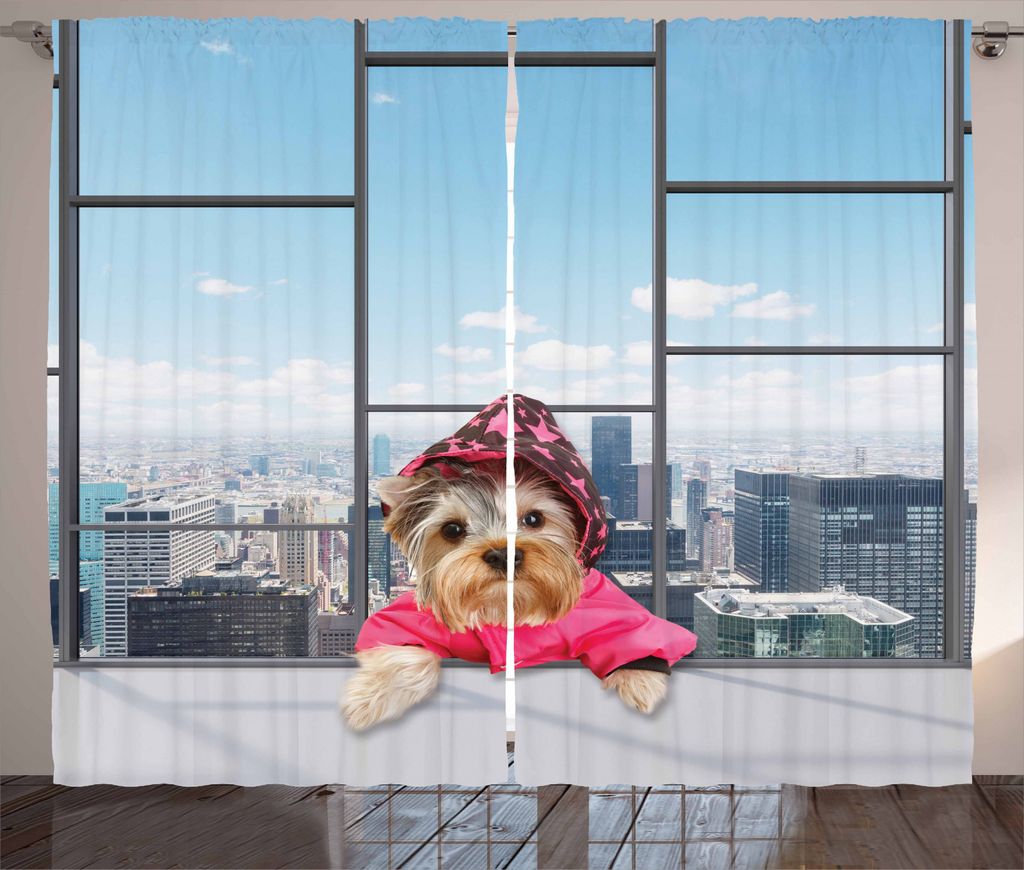 ABAKUHAUS Zitat Rustikaler Gardine, Skurril Hund in einem Regenmantel, Schlafzimmer Kräuselband Vorhang mit Schlaufen und Haken, 280 x 245 cm, Him...