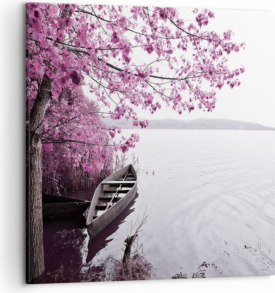 Bild auf Leinwand - Leinwandbild - Einteilig - See Rosa Bäume - 50x50cm - Wand Bild - Wanddeko - Wandbilder - Leinwanddruck - Bilder - Wanddekorat...