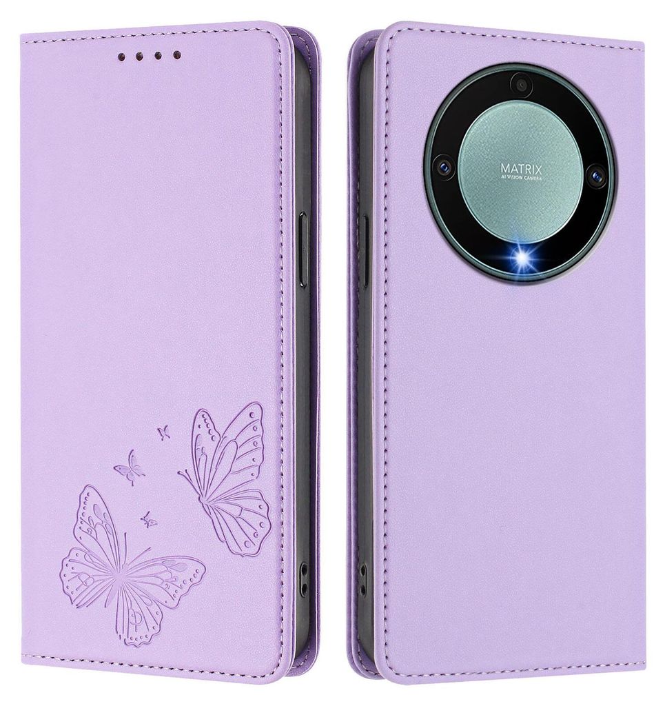 Lederhülle für Honor X9A/Magic5 Lite, Schmetterling Prägung Leder Brieftasche Schutzhülle mit Ständer Violett