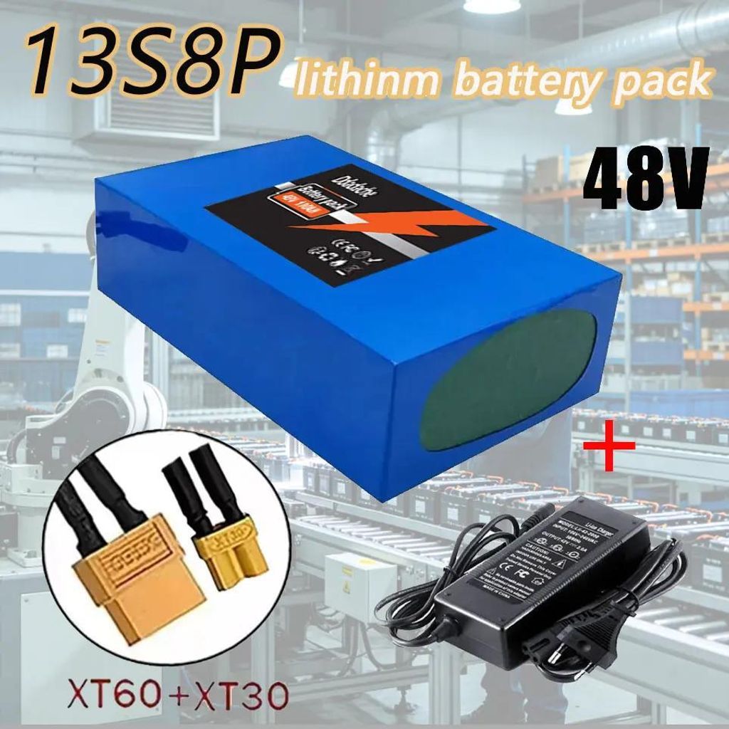 Lithium Batterie für E-Bike und Motorrad - 48V 100Ah 18650 Akku Pack - Li-Ion - 13S8P - 1000W - 50A BMS - XT60/XT30 Ladegerät-Set