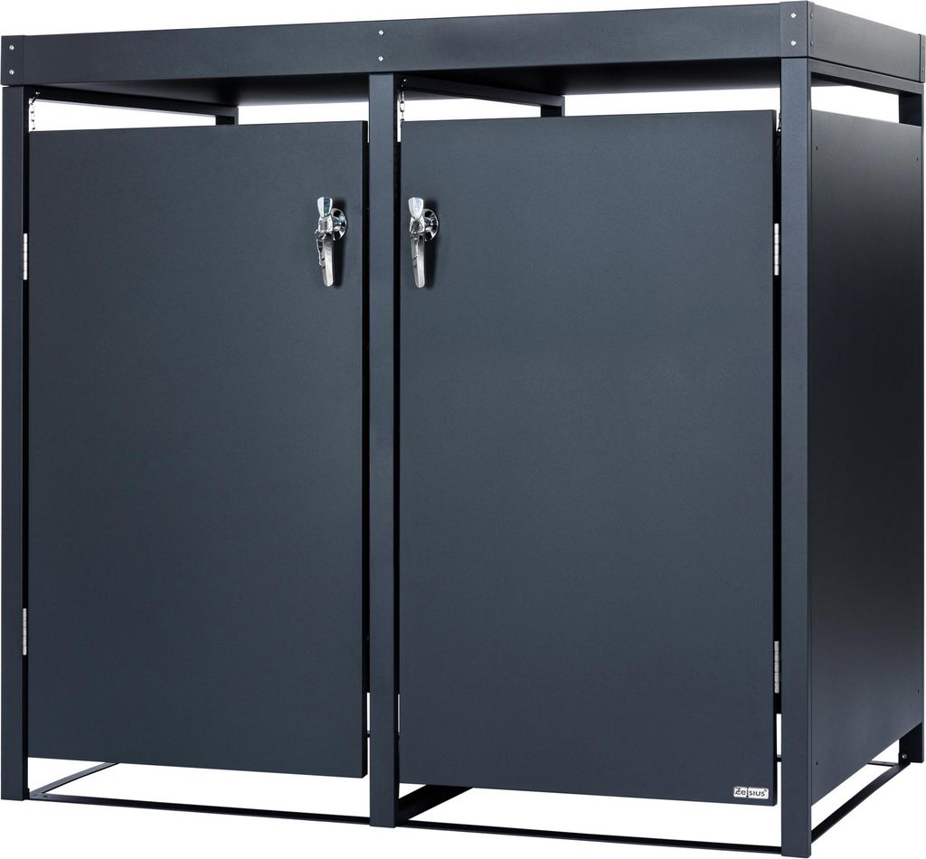 A dark gray metal trash can enclosure with two doors and a flat top.