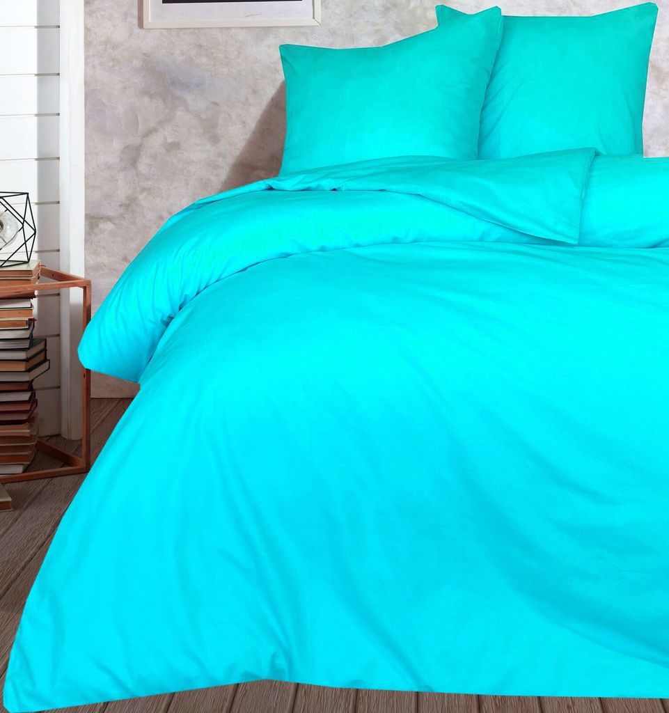 Bettwäsche 220x240 + 80x80 cm 100% Baumwolle Renforce Türkis Uni Einfarbig Garnitur Set, 3 teilig
