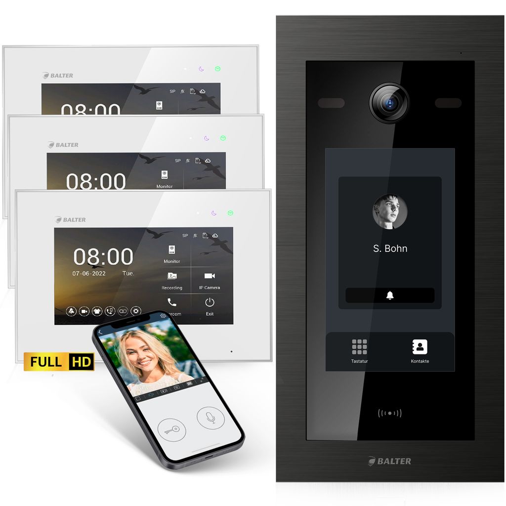 Balter EVO-HD Video Türsprechanlage mit Touchscreen schwarz, App, 1 Familienhaus, 3x 7 Zoll Monitor, Türklingel mit Kamera Full HD, 2 Draht Bus