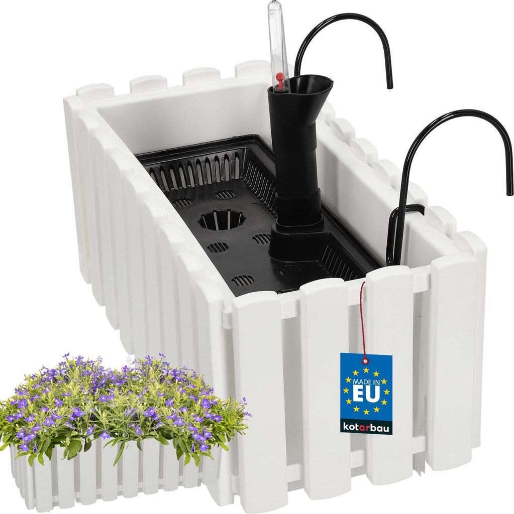 KOTARBAU Blumenkasten Balkon Blumentopf Selbstbewässernd 38x18x16cm Weiß Kunststoff Blumentopf Balkongeländer Bewässerungssystem Blumenkasten...