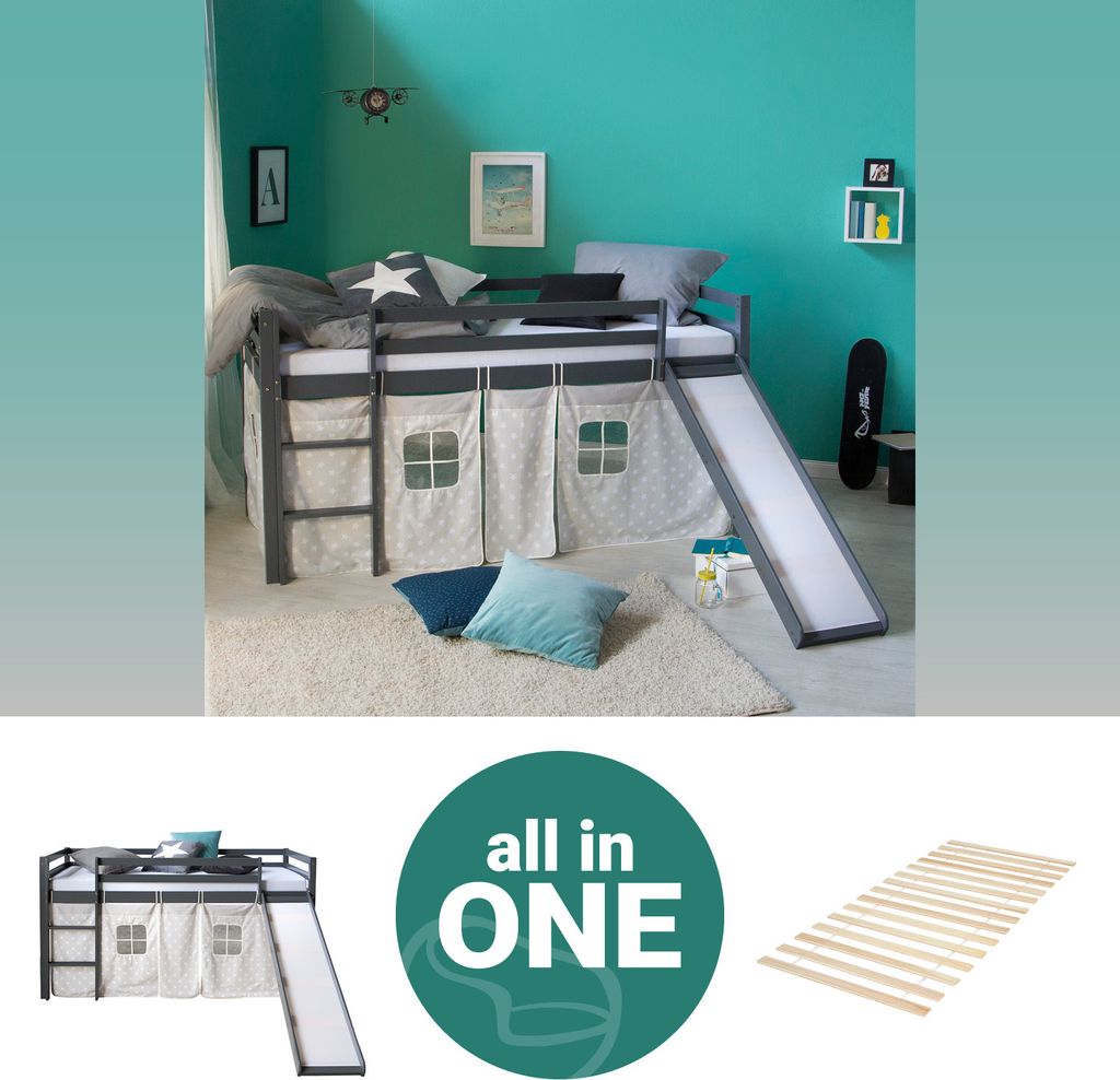 Homestyle4u Kinder Hochbett 90x200 grau mit Lattenrost Rutsche Vorhang