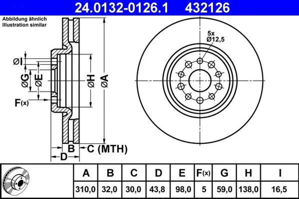 Disque de frein ATE 24.0132-0126.1 OE 4246Z8 pour C8 Ulysse et Phedra