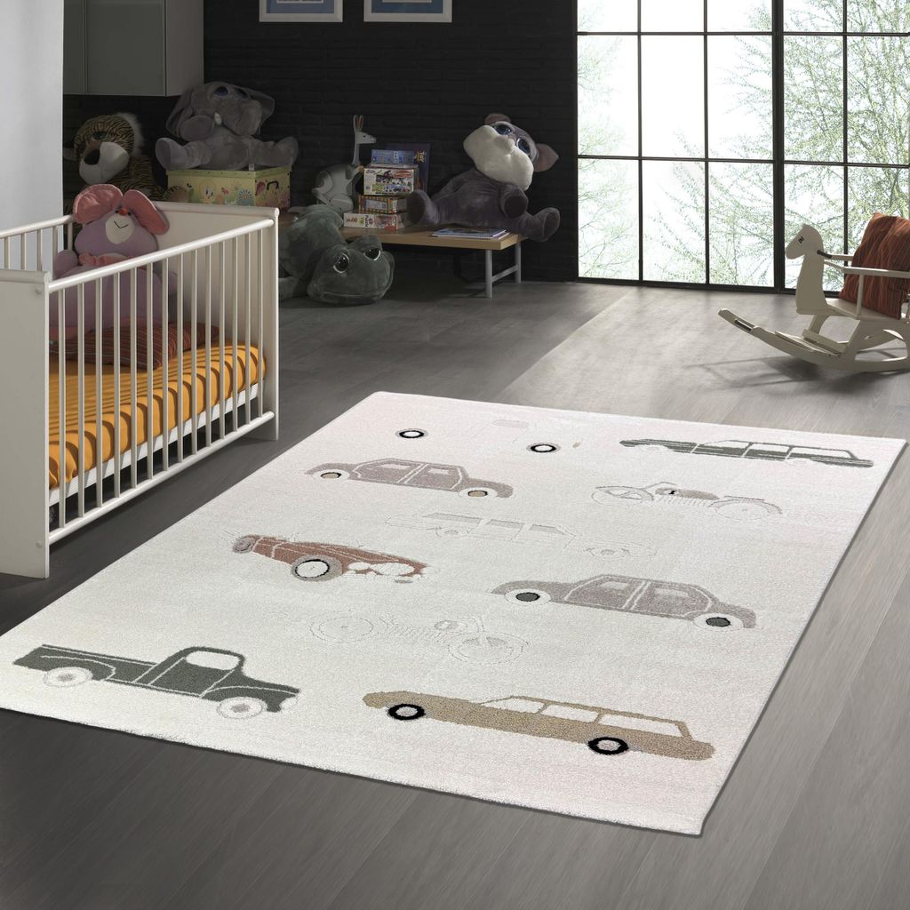Kinderzimmerteppich mit Hoch-Tief-Effekt und Automuster in creme beige Größe - 200 x 290 cm
