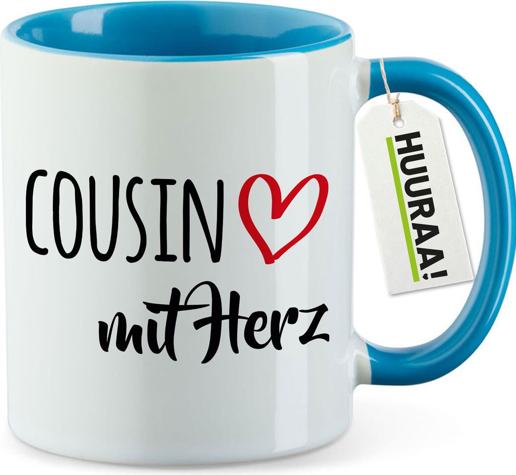 Huuraa Kaffeetasse Cousin mit Herz 330ml Blau Keramik Kaffeebecher Geschenkidee