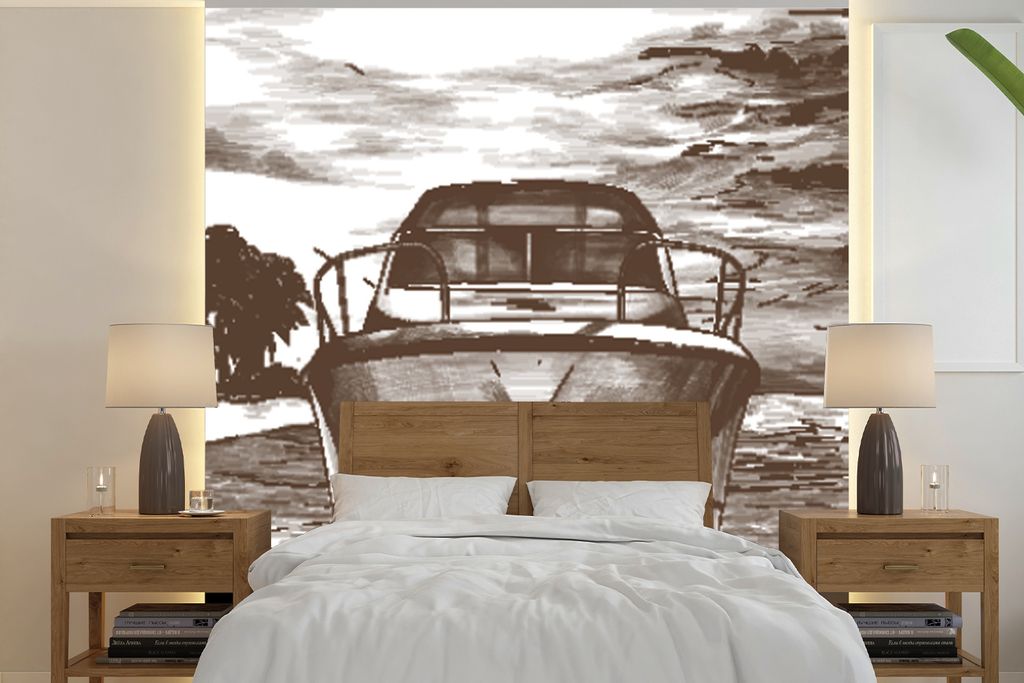 MuchoWow Fototapete für Wohnzimmer oder Schlafzimmer Wandtapete Vinyl Motivtapete Boot - Meer - Schwarz - Weiß - 300x300 cm - Wanddekoration