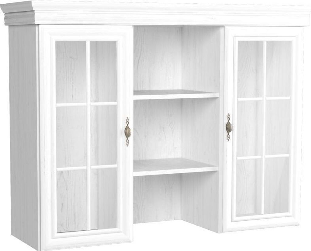 A white wooden cabinet with glass doors and shelves.