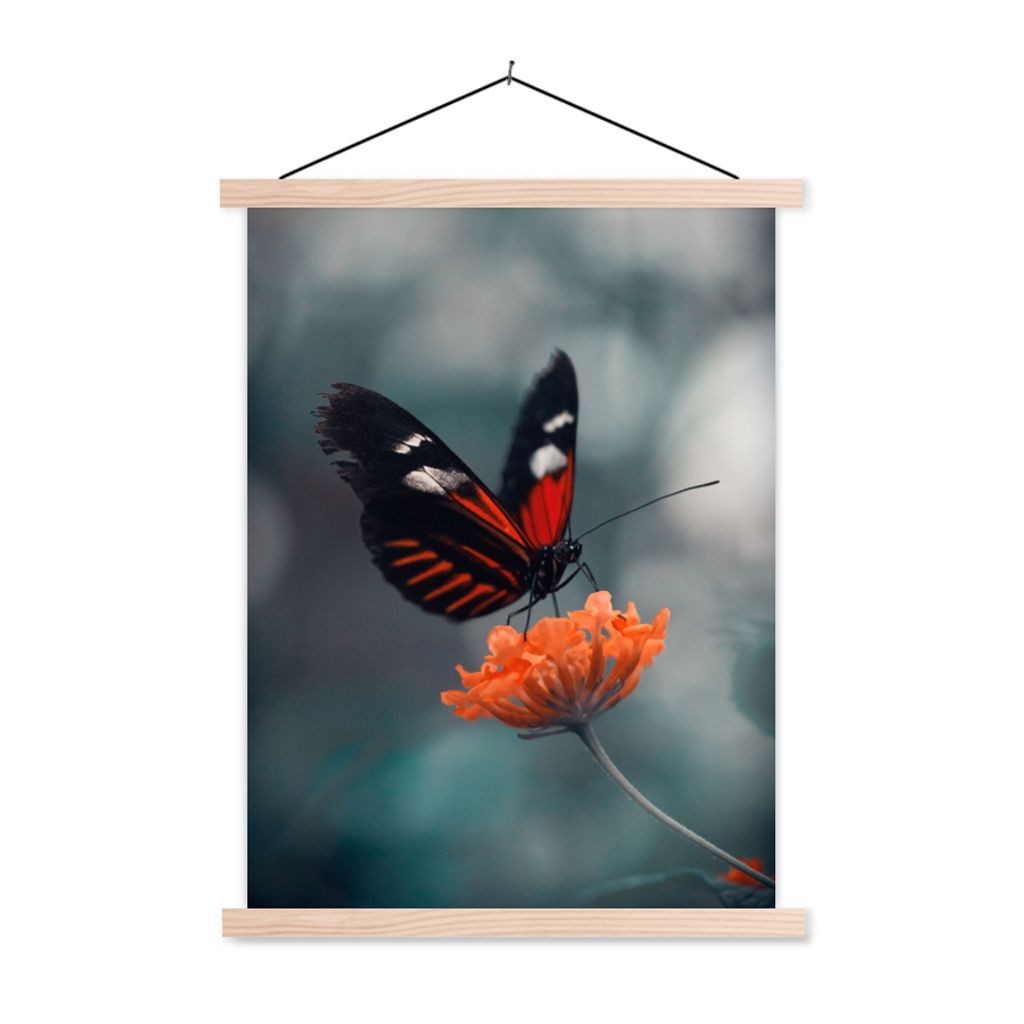 MuchoWow Textilposter Schmetterling - Blume - Insekt 60x80 cm mit holzfarbenen Rahmen - Wandbild