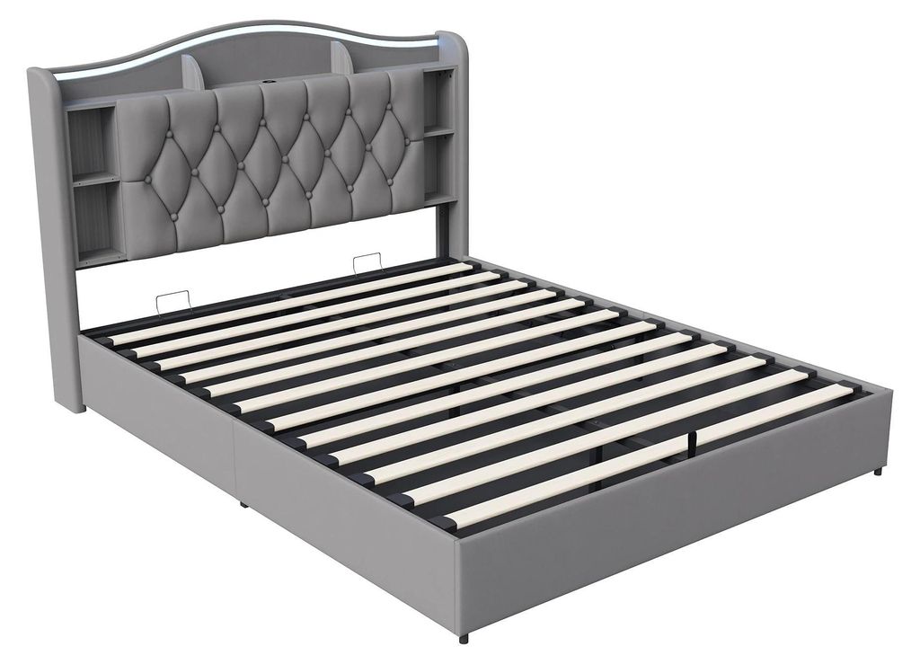 Polsterbett - Bett mit Stauraum - 140×190 cm - Samt - Kopfteil mit kabelloser Ladefunktion - Skandinavisches Design - Grau