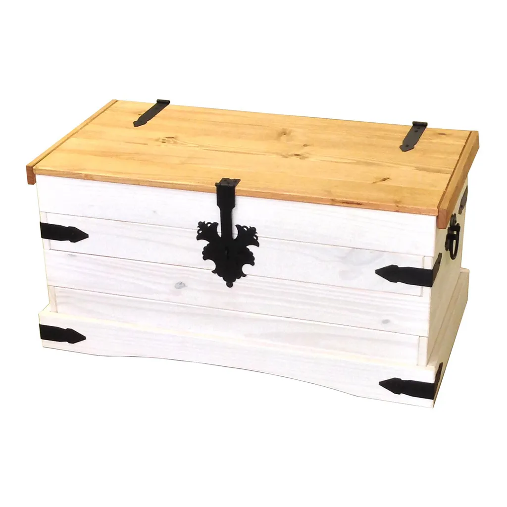 Malle de rangement bois blanc cire CORONA - Grand coffre de chambre
