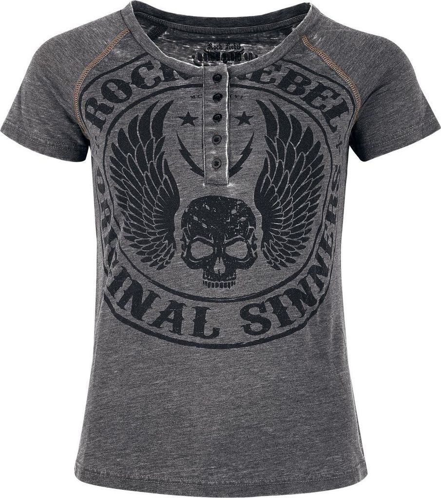 Rock Rebel by EMP Damen graues T-Shirt mit Frontprint und Knopfleiste S