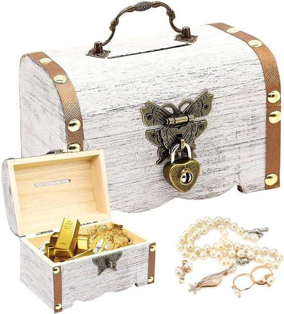 Holzschrank - Schatztruhe aus Holz - Vintage - mit Zusatzschloss - 14,5 x 10 x 9,5 cm - Piratenschrank - für Kinder - für Lagern - Dekoration - H...