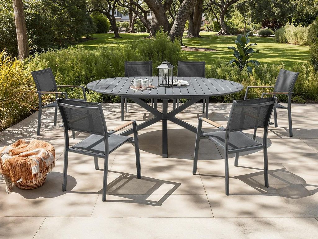 Garten-Essgarnitur aus Aluminium: ein runder ausziehbarer Tisch L.150/200 cm und 6 stapelbare Sessel - Anthrazit - YOHA von MYLIA